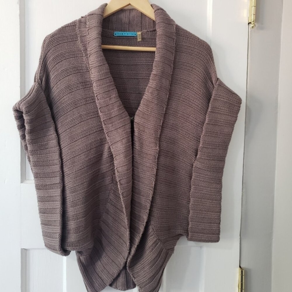 Alice+Olivia Wool Blend Chunky Knit Open Front Cardigan Taupe Sz S